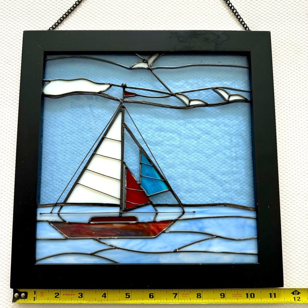 HANDMADE Stained glass sailboat picture 11.5 x 11.5"